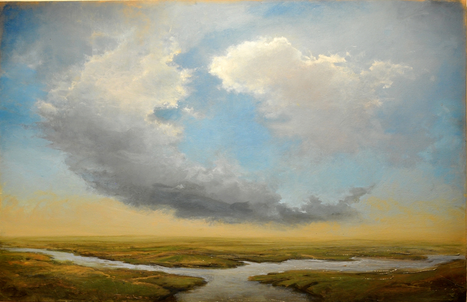 Painting of a river fork with a blue cloudy sky