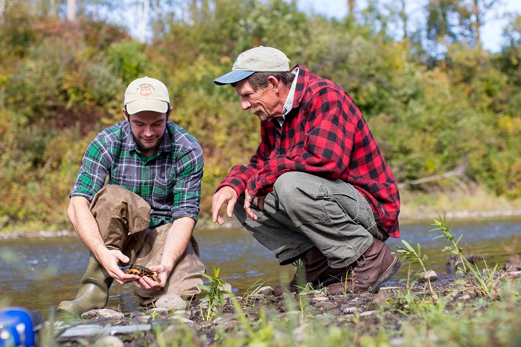 David Putnam conducting turtle research with student in a riverbed