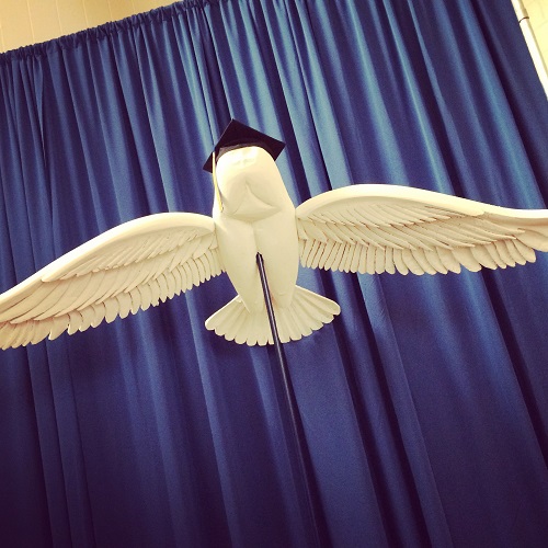 Snowy owl sculpture on display during a past UMPI graduation ceremony.