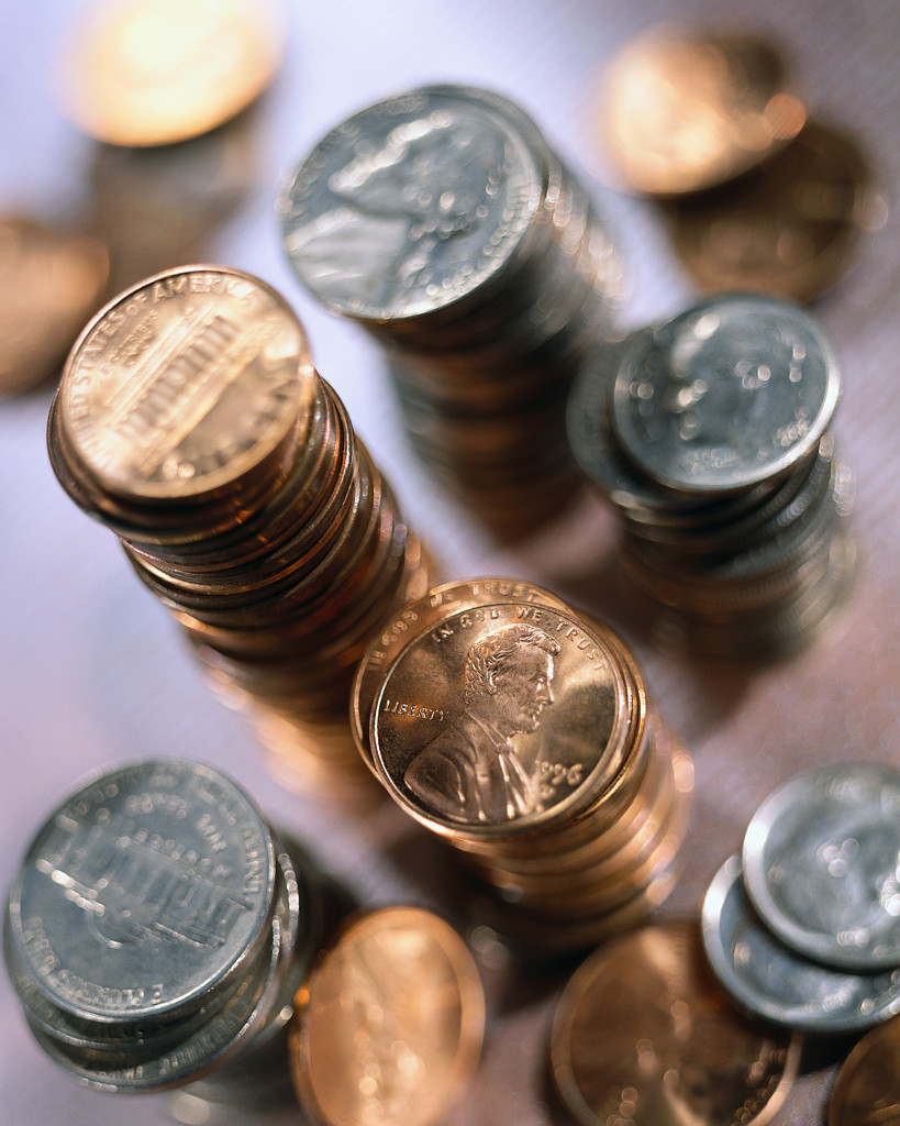 Stacks of U.S. Dimes, Pennies, and Nickels