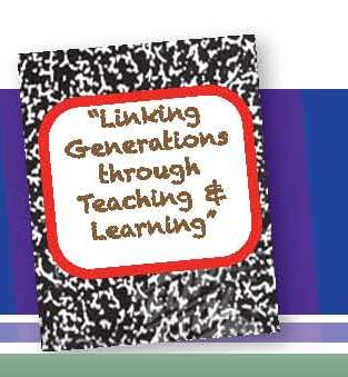 Photo of black and white composition book with text "Linking Generations through Teaching & Learning" written on front