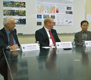 Don Zillman, former UMPI President and Dr. Michael Sonntag, and Dr. Chunzeng Wang, UMPI Associate Professor of Earth and Environmental Science, who is the first recipient of the Zillman Professorship.